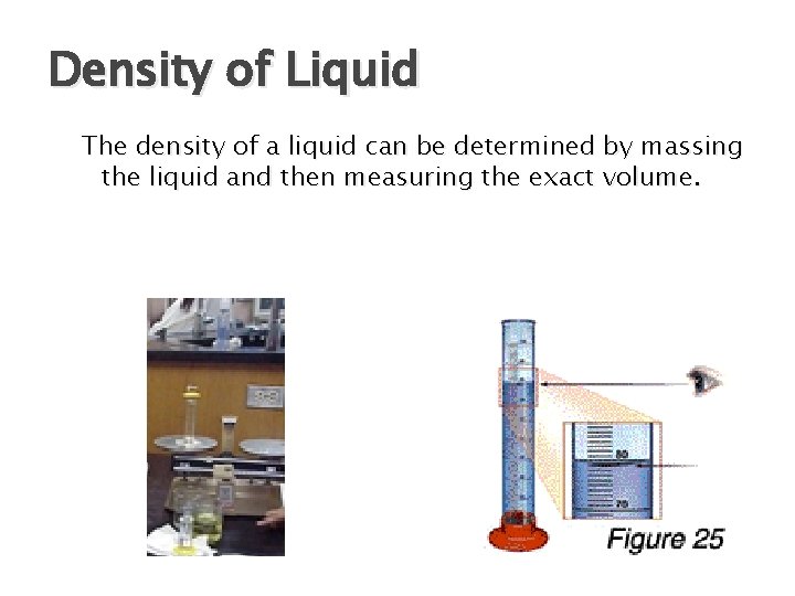 Density of Liquid The density of a liquid can be determined by massing the