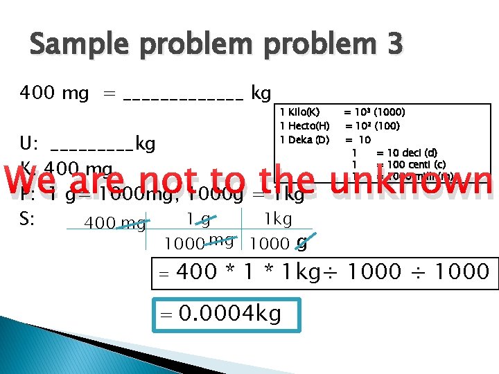 Sample problem 3 400 mg = _______ kg 1 Kilo(K) 1 Hecto(H) 1 Deka