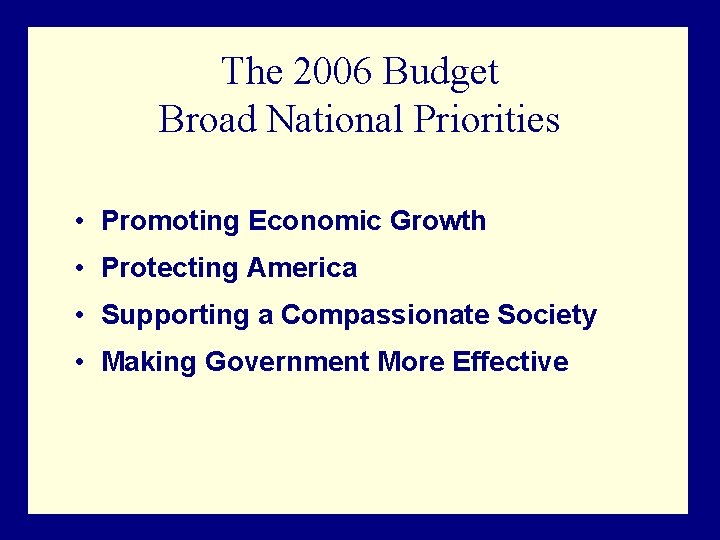 The 2006 Budget Broad National Priorities • Promoting Economic Growth • Protecting America •