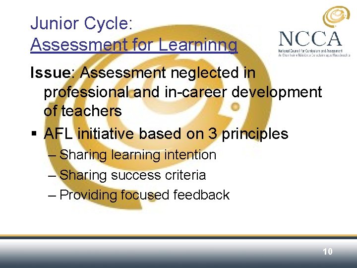 Junior Cycle: Assessment for Learninng Issue: Assessment neglected in professional and in-career development of