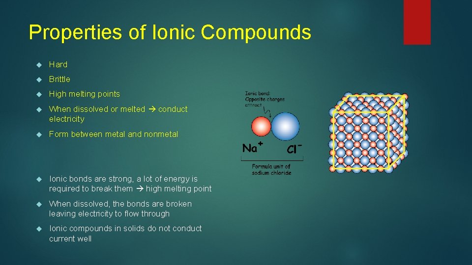 Properties of Ionic Compounds Hard Brittle High melting points When dissolved or melted conduct
