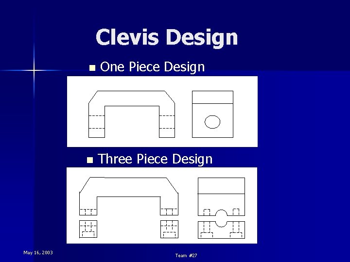 Clevis Design May 16, 2003 n One Piece Design n Three Piece Design Team Clevis Design May 16, 2003 n One Piece Design n Three Piece Design Team