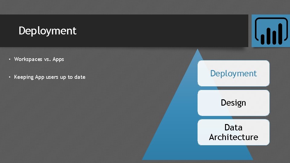Deployment • Workspaces vs. Apps • Keeping App users up to date Deployment Design