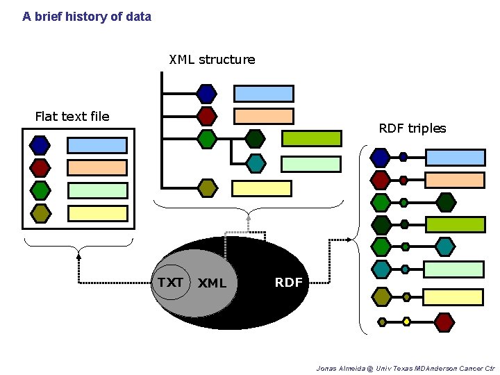A brief history of data XML structure Flat text file RDF triples TXTXML RDF