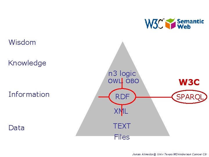 Wisdom Knowledge n 3 logic Information OWL, OBO W 3 C RDF SPARQL XML