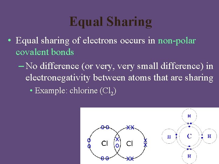 Equal Sharing • Equal sharing of electrons occurs in non-polar covalent bonds – No