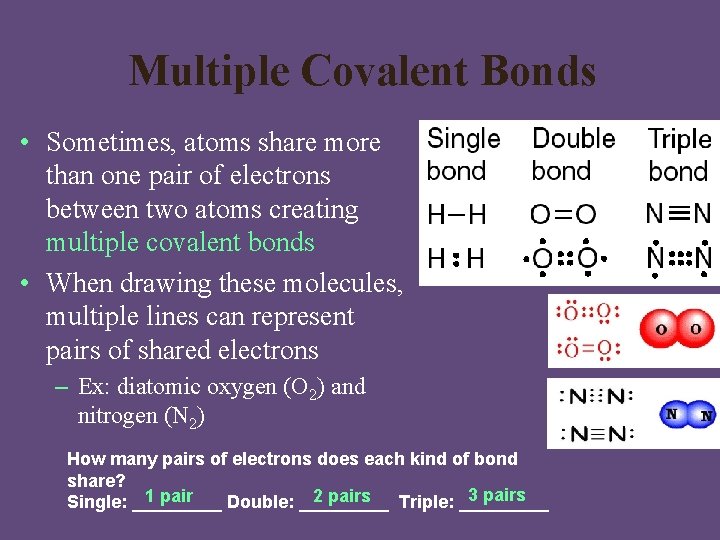 Multiple Covalent Bonds • Sometimes, atoms share more than one pair of electrons between