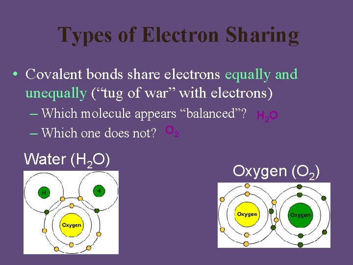Types of Electron Sharing • Covalent bonds share electrons equally and unequally (“tug of