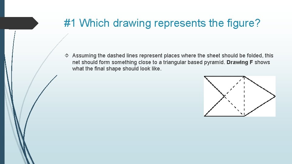 #1 Which drawing represents the figure? Assuming the dashed lines represent places where the