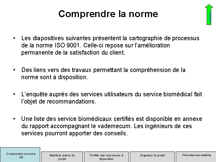 Sommaire Comprendre la norme • Les diapositives suivantes présentent la cartographie de processus de