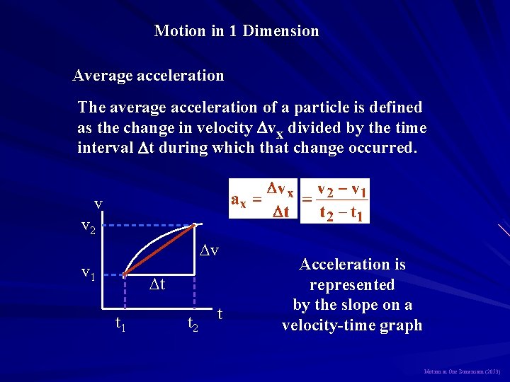 Motion in 1 Dimension Average acceleration The average acceleration of a particle is defined