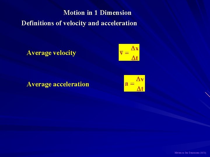 Motion in 1 Dimension Definitions of velocity and acceleration Average velocity Average acceleration Motion