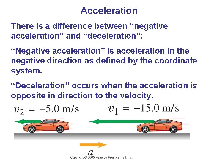 Acceleration There is a difference between “negative acceleration” and “deceleration”: “Negative acceleration” is acceleration