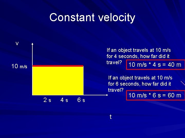 Constant velocity v If an object travels at 10 m/s for 4 seconds, how