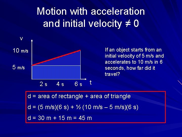 Motion with acceleration and initial velocity ≠ 0 v If an object starts from