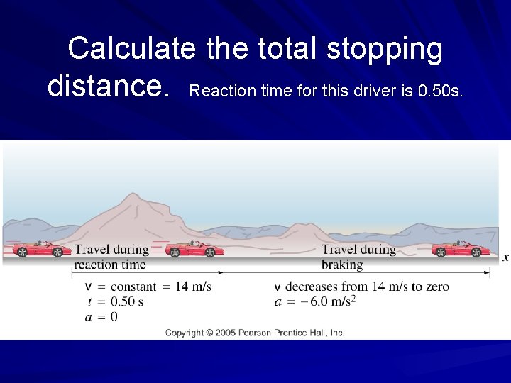 Calculate the total stopping distance. Reaction time for this driver is 0. 50 s.