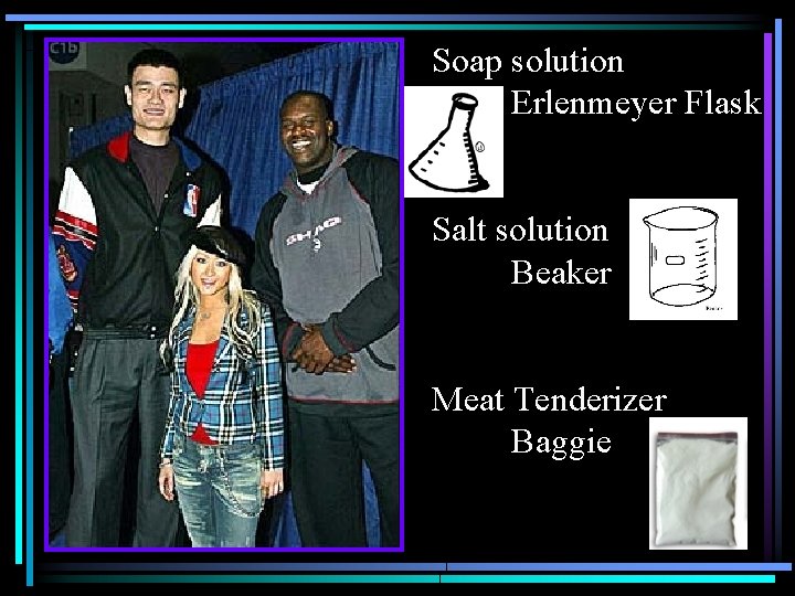 Soap solution Erlenmeyer Flask Salt solution Beaker Meat Tenderizer Baggie 