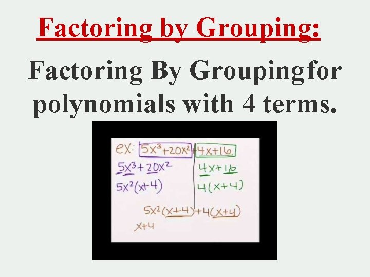 Factoring by Grouping: Factoring By Grouping for polynomials with 4 terms. 