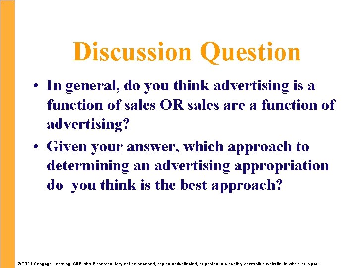 Discussion Question • In general, do you think advertising is a function of sales