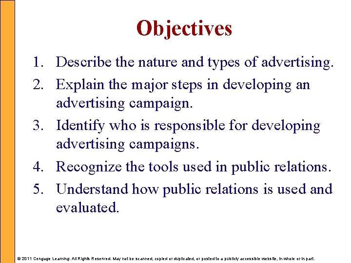 Objectives 1. Describe the nature and types of advertising. 2. Explain the major steps