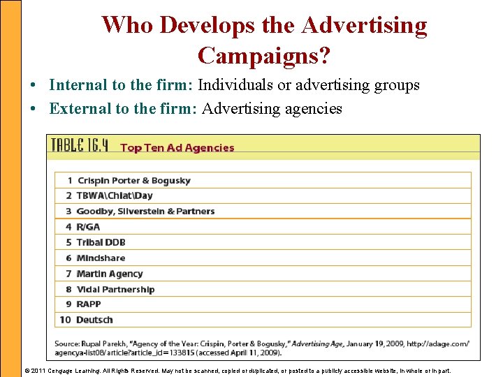 Who Develops the Advertising Campaigns? • Internal to the firm: Individuals or advertising groups