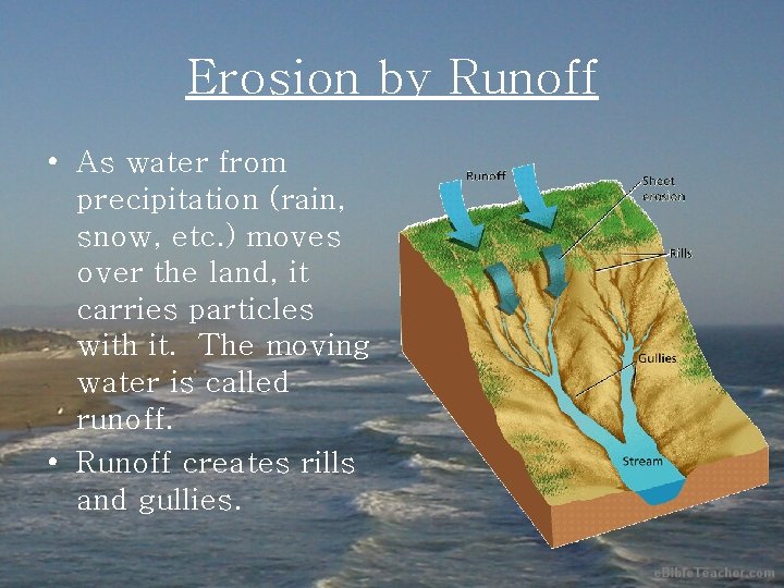 Erosion by Runoff • As water from precipitation (rain, snow, etc. ) moves over