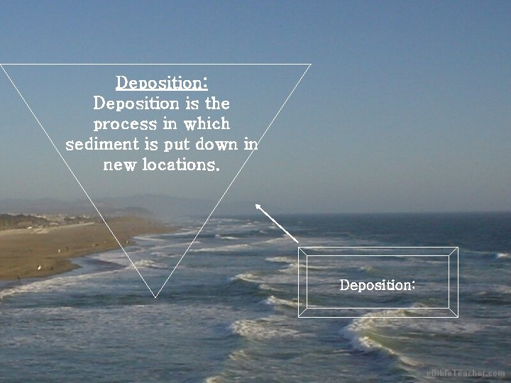 Deposition: Deposition is the process in which sediment is put down in new locations.