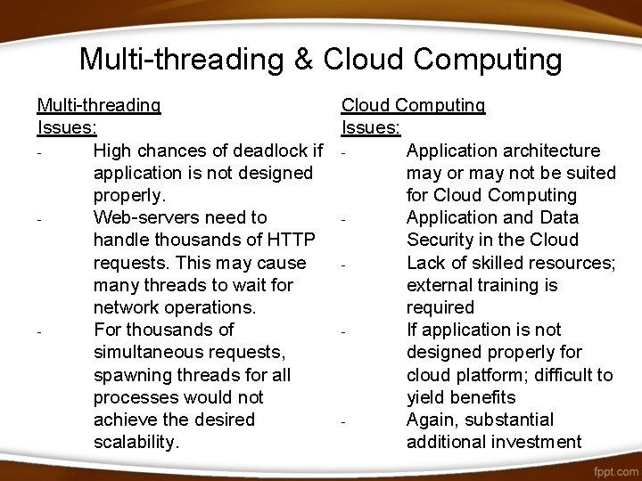 Multi-threading & Cloud Computing Multi-threading Issues: High chances of deadlock if application is not