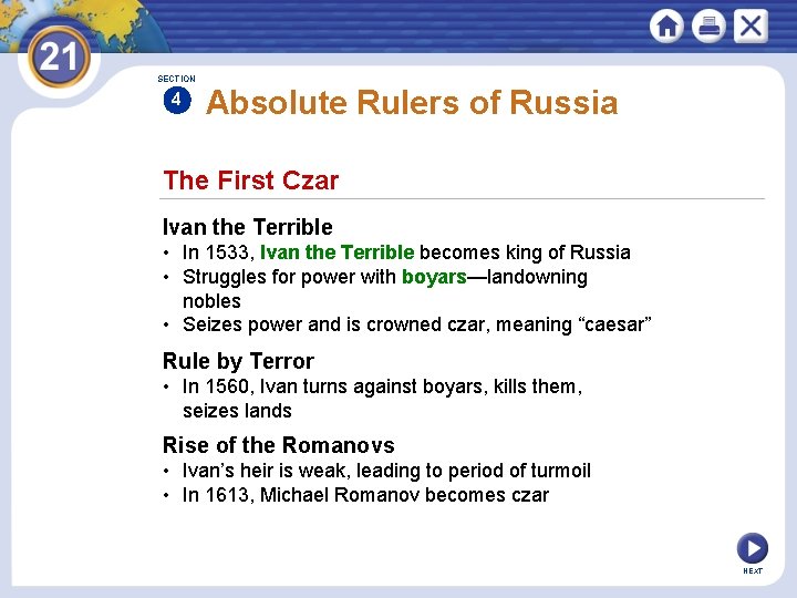 SECTION 4 Absolute Rulers of Russia The First Czar Ivan the Terrible • In SECTION 4 Absolute Rulers of Russia The First Czar Ivan the Terrible • In
