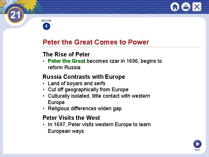 SECTION 4 Peter the Great Comes to Power The Rise of Peter • Peter SECTION 4 Peter the Great Comes to Power The Rise of Peter • Peter