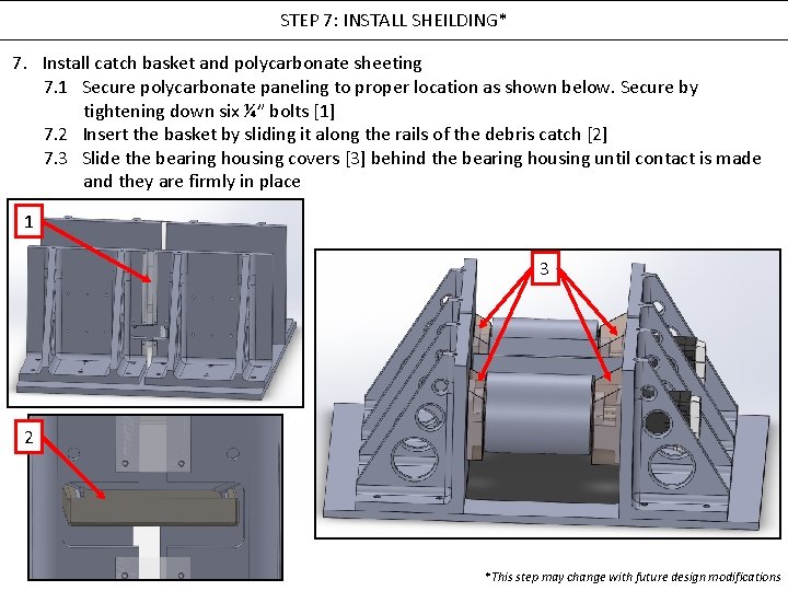 STEP 7: INSTALL SHEILDING* 7. Install catch basket and polycarbonate sheeting 7. 1 Secure