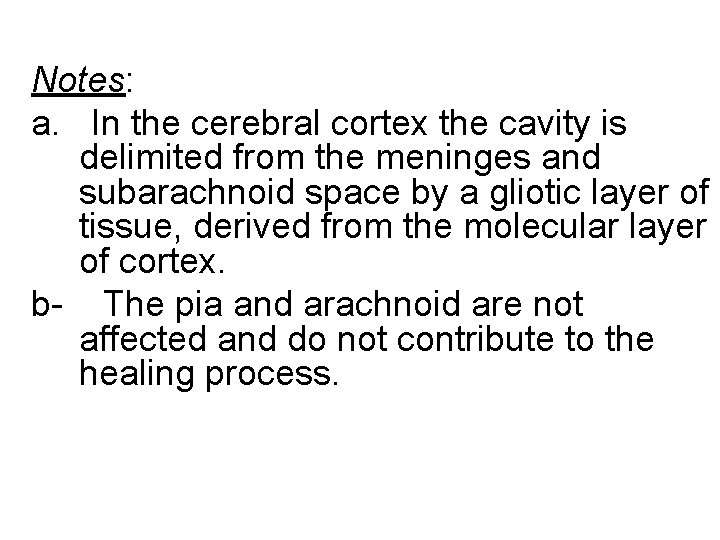 Notes: a. In the cerebral cortex the cavity is delimited from the meninges and