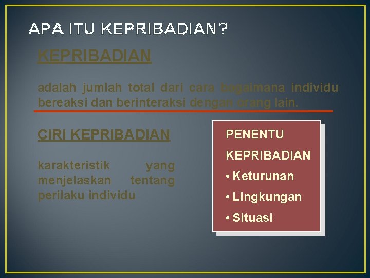 APA ITU KEPRIBADIAN? KEPRIBADIAN adalah jumlah total dari cara bagaimana individu bereaksi dan berinteraksi