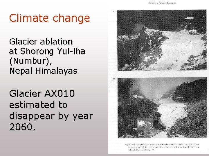 Climate change Glacier ablation at Shorong Yul-lha (Numbur), Nepal Himalayas Glacier AX 010 estimated