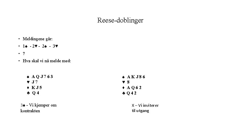 Reese-doblinger • Meldingene går: • 1♠ - 2♥ - 2♠ - 3♥ • ?