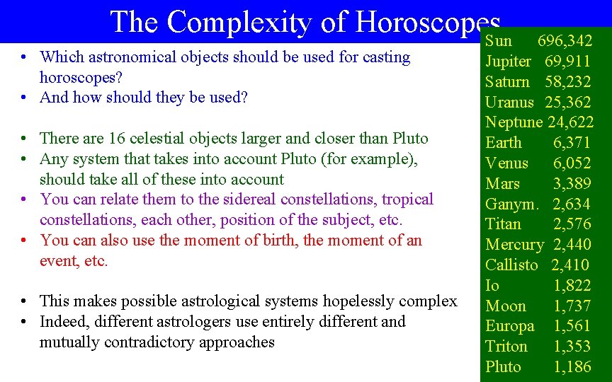 The Complexity of Horoscopes Sun • Which astronomical objects should be used for casting