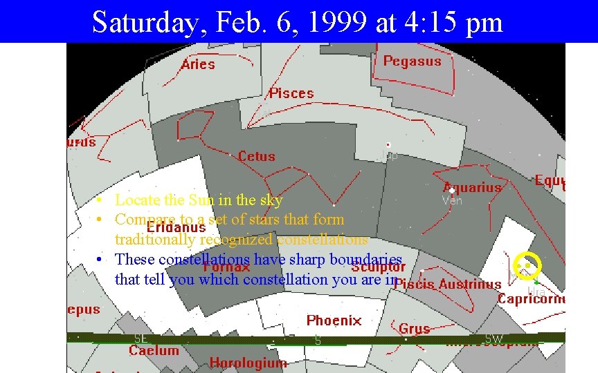 Saturday, Feb. 6, 1999 at 4: 15 pm • Locate the Sun in the