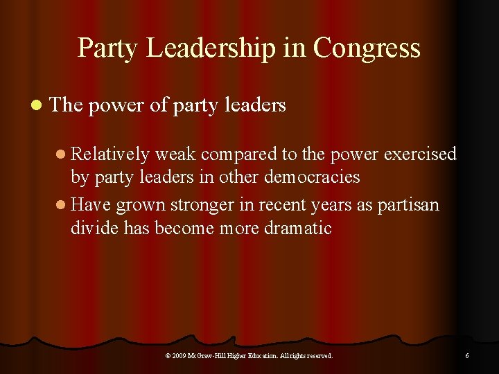 Party Leadership in Congress l The power of party leaders l Relatively weak compared