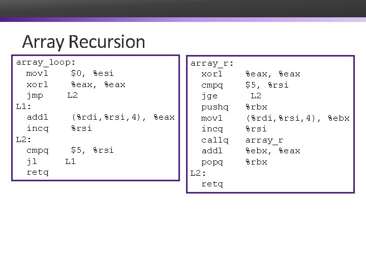 Array Recursion array_loop: movl $0, %esi xorl %eax, %eax jmp L 2 L 1: