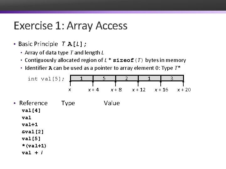 Exercise 1: Array Access • Basic Principle T A[L]; • Array of data type