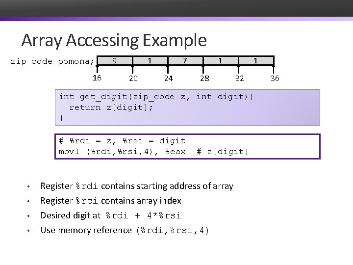 Array Accessing Example zip_code pomona; 16 9 1 20 7 24 1 28 1