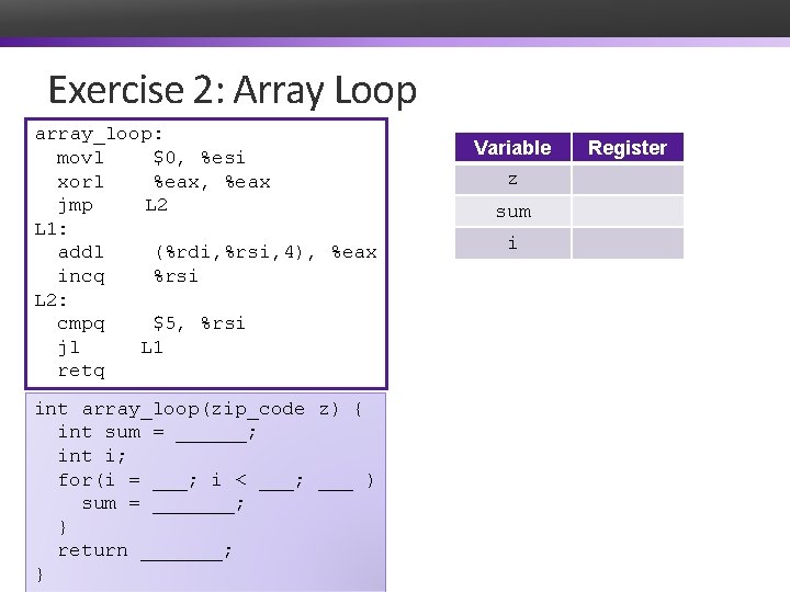 Exercise 2: Array Loop array_loop: movl $0, %esi xorl %eax, %eax jmp L 2