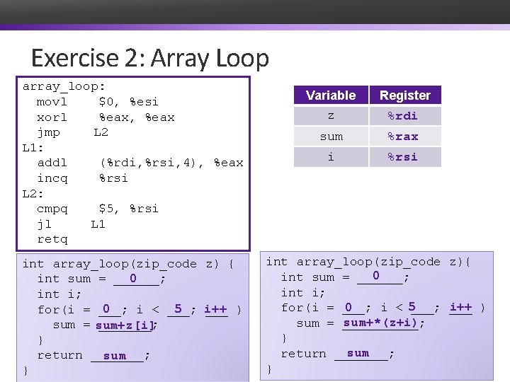 Exercise 2: Array Loop array_loop: movl $0, %esi xorl %eax, %eax jmp L 2