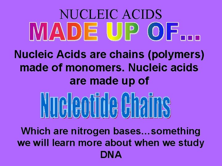 NUCLEIC ACIDS Nucleic Acids are chains (polymers) made of monomers. Nucleic acids are made