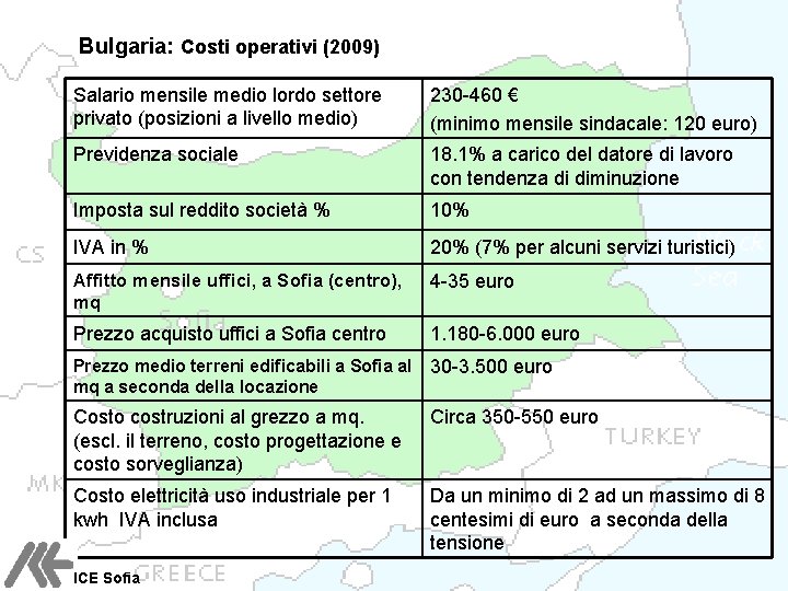 Bulgaria: Costi operativi (2009) Salario mensile medio lordo settore privato (posizioni a livello medio)