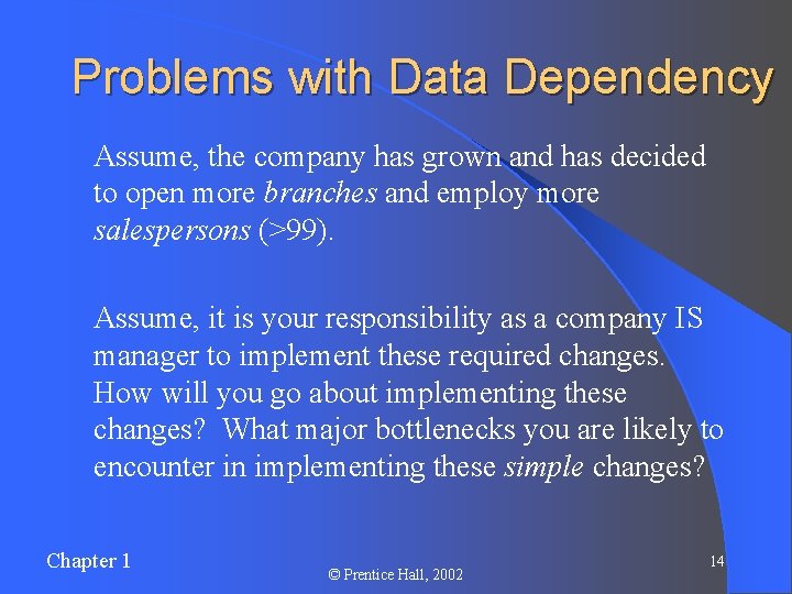 Problems with Data Dependency Ø Assume, the company has grown and has decided to