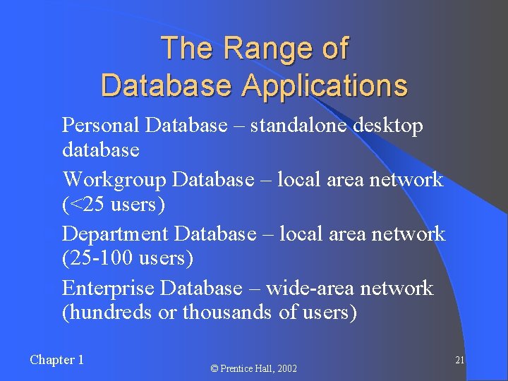 The Range of Database Applications l Personal Database – standalone desktop database l Workgroup