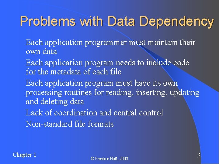 Problems with Data Dependency Ø Ø Ø Each application programmer must maintain their own