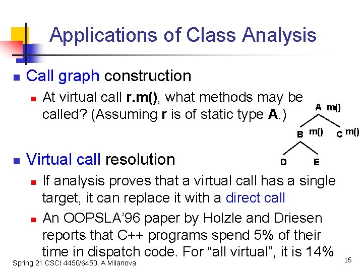 Applications of Class Analysis n Call graph construction n At virtual call r. m(),