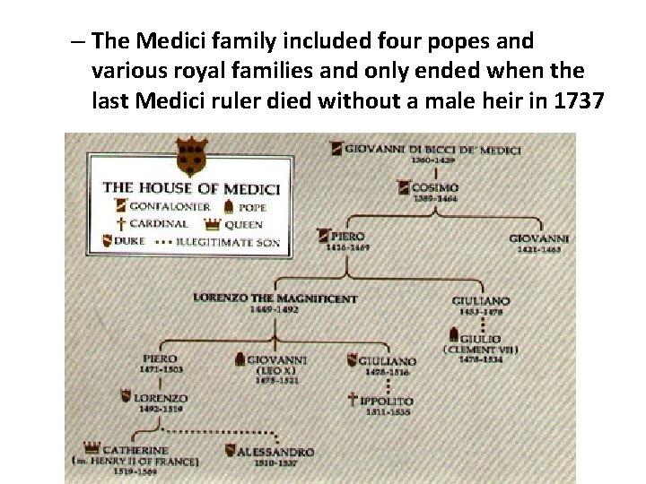 – The Medici family included four popes and various royal families and only ended